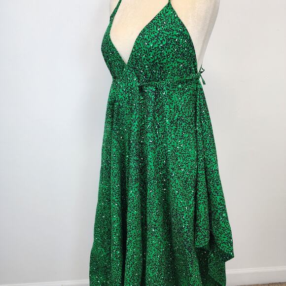 Bombchel V-Neck Asymmetric Hem Halter Dress Green Floral 100% Cotton OS M/L - Picture 4 of 15